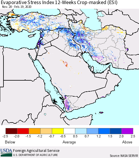 Middle East and Turkey Evaporative Stress Index (ESI), 12-Weeks over Croplands Thematic Map For 2/17/2020 - 2/23/2020