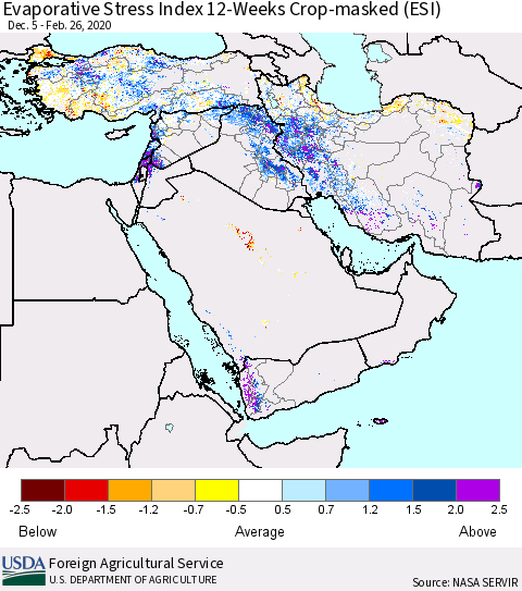 Middle East and Turkey Evaporative Stress Index (ESI), 12-Weeks over Croplands Thematic Map For 2/24/2020 - 3/1/2020