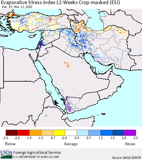 Middle East and Turkey Evaporative Stress Index (ESI), 12-Weeks over Croplands Thematic Map For 3/9/2020 - 3/15/2020