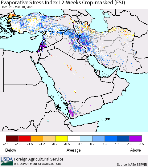 Middle East and Turkey Evaporative Stress Index (ESI), 12-Weeks over Croplands Thematic Map For 3/16/2020 - 3/22/2020