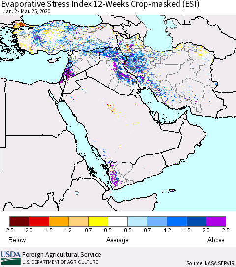 Middle East and Turkey Evaporative Stress Index (ESI), 12-Weeks over Croplands Thematic Map For 3/23/2020 - 3/29/2020