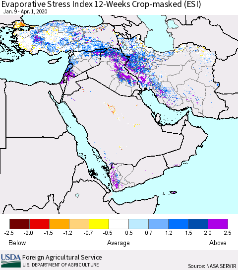 Middle East and Turkey Evaporative Stress Index (ESI), 12-Weeks over Croplands Thematic Map For 3/30/2020 - 4/5/2020