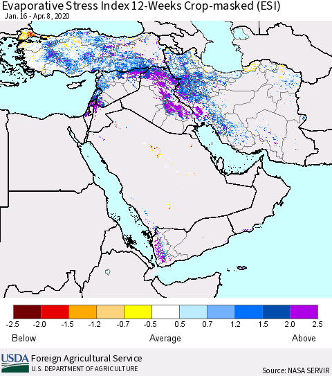 Middle East and Turkey Evaporative Stress Index (ESI), 12-Weeks over Croplands Thematic Map For 4/6/2020 - 4/12/2020