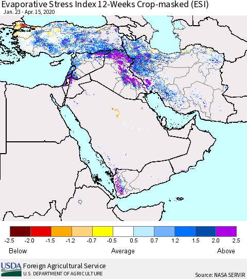 Middle East and Turkey Evaporative Stress Index (ESI), 12-Weeks over Croplands Thematic Map For 4/13/2020 - 4/19/2020