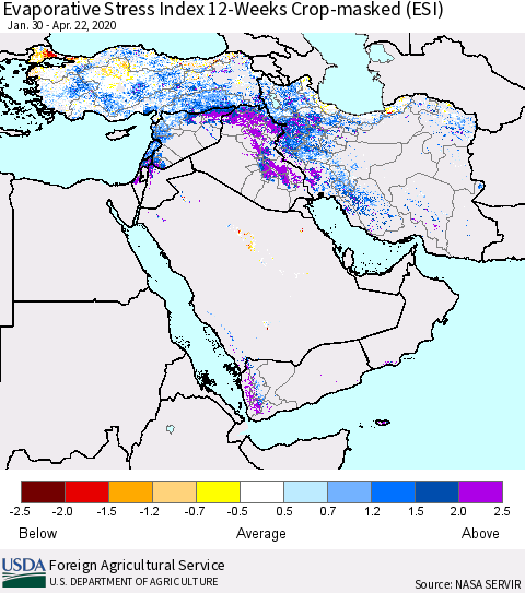 Middle East and Turkey Evaporative Stress Index (ESI), 12-Weeks over Croplands Thematic Map For 4/20/2020 - 4/26/2020