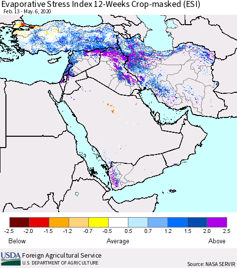 Middle East and Turkey Evaporative Stress Index (ESI), 12-Weeks over Croplands Thematic Map For 5/4/2020 - 5/10/2020