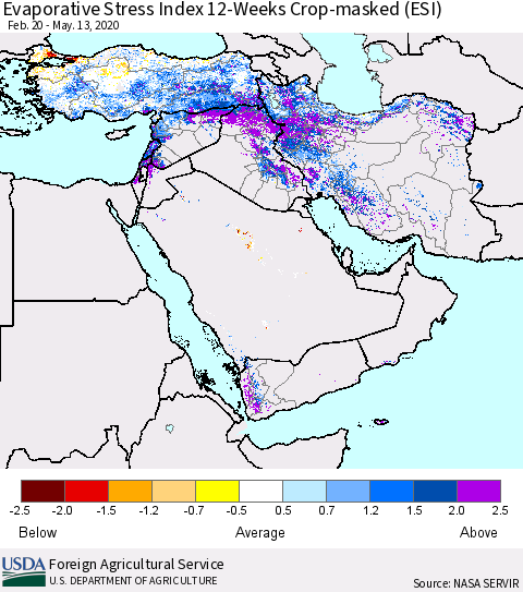 Middle East and Turkey Evaporative Stress Index (ESI), 12-Weeks over Croplands Thematic Map For 5/11/2020 - 5/17/2020