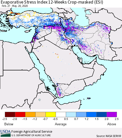 Middle East and Turkey Evaporative Stress Index (ESI), 12-Weeks over Croplands Thematic Map For 5/18/2020 - 5/24/2020
