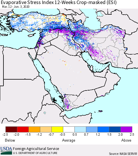 Middle East and Turkey Evaporative Stress Index (ESI), 12-Weeks over Croplands Thematic Map For 6/1/2020 - 6/7/2020