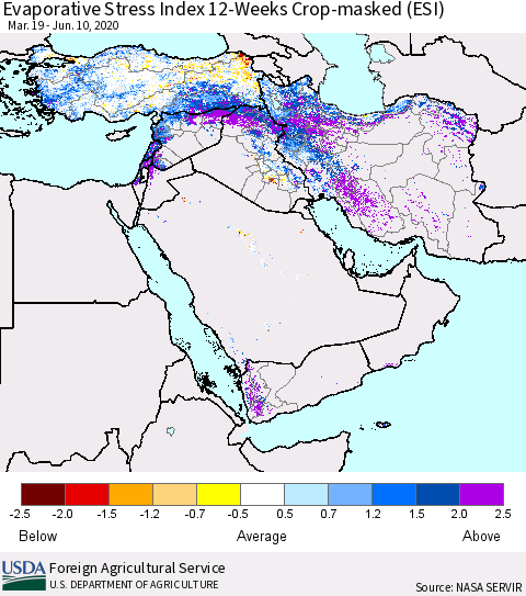 Middle East and Turkey Evaporative Stress Index (ESI), 12-Weeks over Croplands Thematic Map For 6/8/2020 - 6/14/2020