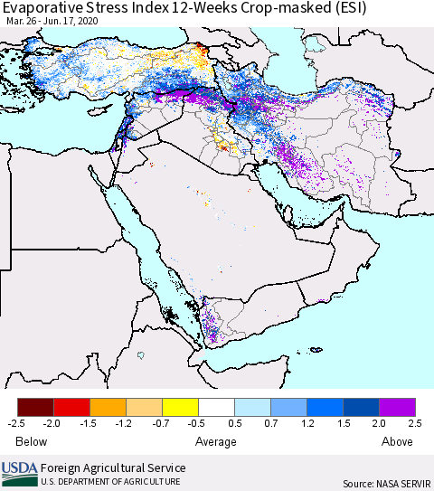 Middle East and Turkey Evaporative Stress Index (ESI), 12-Weeks over Croplands Thematic Map For 6/15/2020 - 6/21/2020