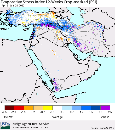 Middle East and Turkey Evaporative Stress Index (ESI), 12-Weeks over Croplands Thematic Map For 6/22/2020 - 6/28/2020