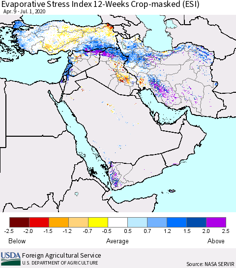 Middle East and Turkey Evaporative Stress Index (ESI), 12-Weeks over Croplands Thematic Map For 6/29/2020 - 7/5/2020