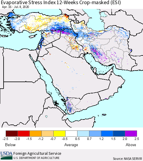 Middle East and Turkey Evaporative Stress Index (ESI), 12-Weeks over Croplands Thematic Map For 7/6/2020 - 7/12/2020