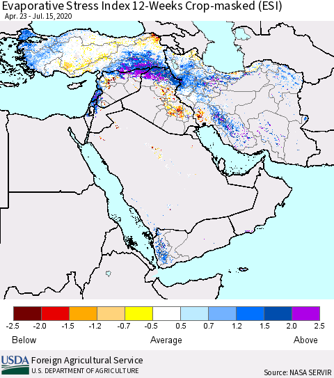 Middle East and Turkey Evaporative Stress Index (ESI), 12-Weeks over Croplands Thematic Map For 7/13/2020 - 7/19/2020