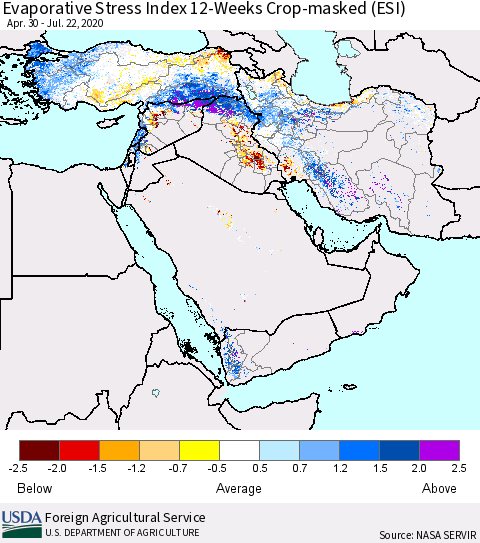 Middle East and Turkey Evaporative Stress Index (ESI), 12-Weeks over Croplands Thematic Map For 7/20/2020 - 7/26/2020
