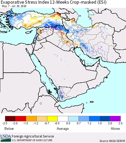 Middle East and Turkey Evaporative Stress Index (ESI), 12-Weeks over Croplands Thematic Map For 7/27/2020 - 8/2/2020