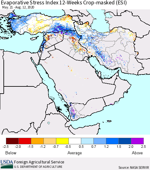 Middle East and Turkey Evaporative Stress Index (ESI), 12-Weeks over Croplands Thematic Map For 8/10/2020 - 8/16/2020