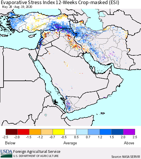 Middle East and Turkey Evaporative Stress Index (ESI), 12-Weeks over Croplands Thematic Map For 8/17/2020 - 8/23/2020