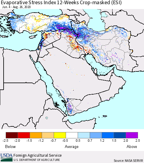 Middle East and Turkey Evaporative Stress Index (ESI), 12-Weeks over Croplands Thematic Map For 8/24/2020 - 8/30/2020