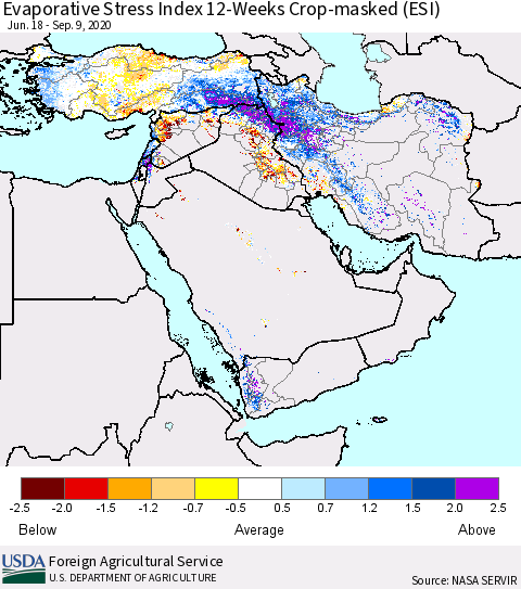 Middle East and Turkey Evaporative Stress Index (ESI), 12-Weeks over Croplands Thematic Map For 9/7/2020 - 9/13/2020