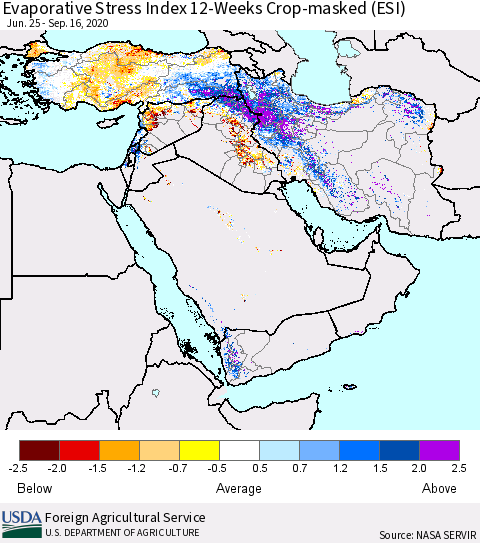 Middle East and Turkey Evaporative Stress Index (ESI), 12-Weeks over Croplands Thematic Map For 9/14/2020 - 9/20/2020