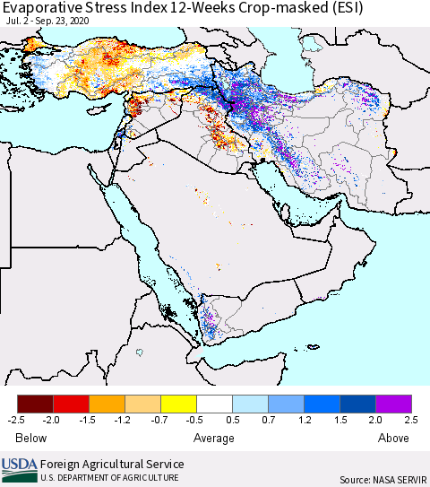 Middle East and Turkey Evaporative Stress Index (ESI), 12-Weeks over Croplands Thematic Map For 9/21/2020 - 9/27/2020
