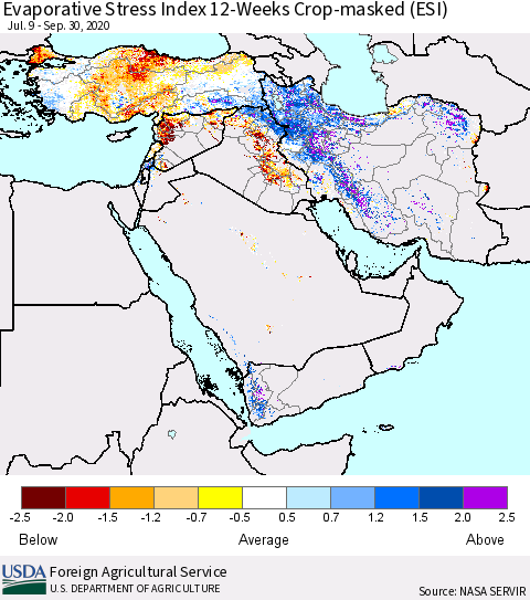 Middle East and Turkey Evaporative Stress Index (ESI), 12-Weeks over Croplands Thematic Map For 9/28/2020 - 10/4/2020