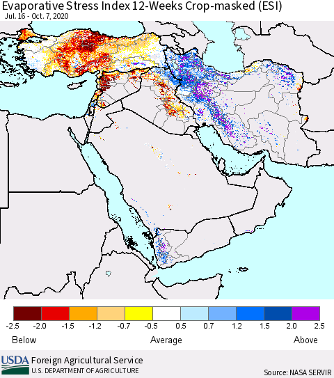 Middle East and Turkey Evaporative Stress Index (ESI), 12-Weeks over Croplands Thematic Map For 10/5/2020 - 10/11/2020