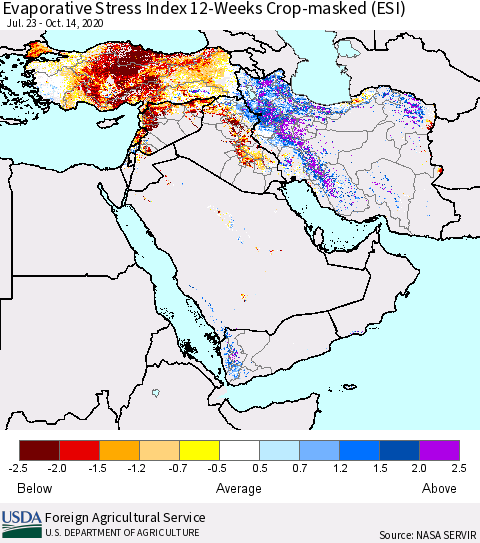 Middle East and Turkey Evaporative Stress Index (ESI), 12-Weeks over Croplands Thematic Map For 10/12/2020 - 10/18/2020