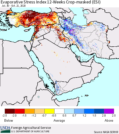 Middle East and Turkey Evaporative Stress Index (ESI), 12-Weeks over Croplands Thematic Map For 10/19/2020 - 10/25/2020