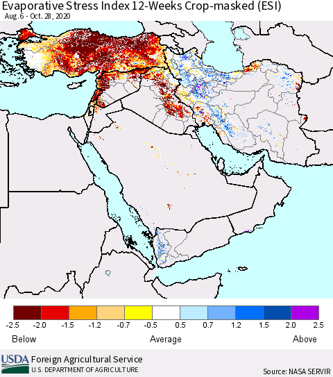 Middle East and Turkey Evaporative Stress Index (ESI), 12-Weeks over Croplands Thematic Map For 10/26/2020 - 11/1/2020