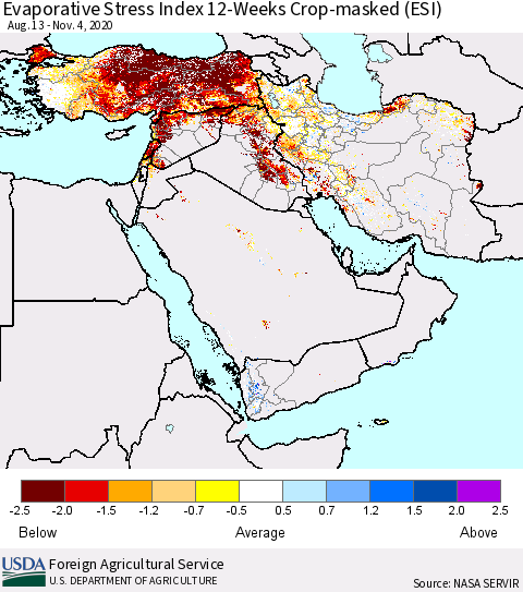 Middle East and Turkey Evaporative Stress Index (ESI), 12-Weeks over Croplands Thematic Map For 11/2/2020 - 11/8/2020