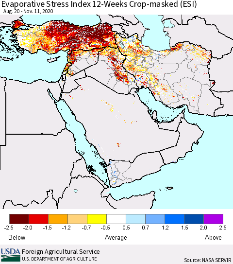 Middle East and Turkey Evaporative Stress Index (ESI), 12-Weeks over Croplands Thematic Map For 11/9/2020 - 11/15/2020