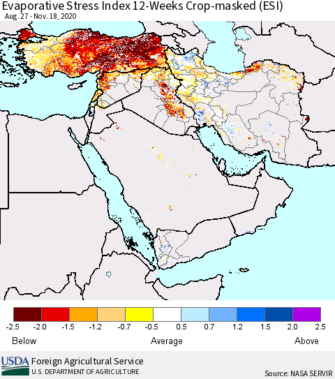Middle East and Turkey Evaporative Stress Index (ESI), 12-Weeks over Croplands Thematic Map For 11/16/2020 - 11/22/2020