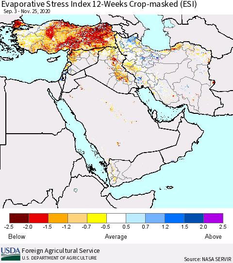 Middle East and Turkey Evaporative Stress Index (ESI), 12-Weeks over Croplands Thematic Map For 11/23/2020 - 11/29/2020