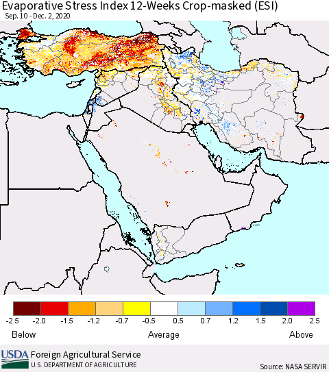 Middle East and Turkey Evaporative Stress Index (ESI), 12-Weeks over Croplands Thematic Map For 11/30/2020 - 12/6/2020