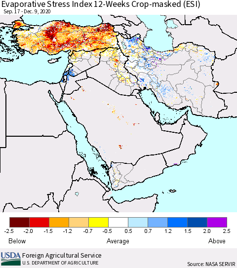 Middle East and Turkey Evaporative Stress Index (ESI), 12-Weeks over Croplands Thematic Map For 12/7/2020 - 12/13/2020