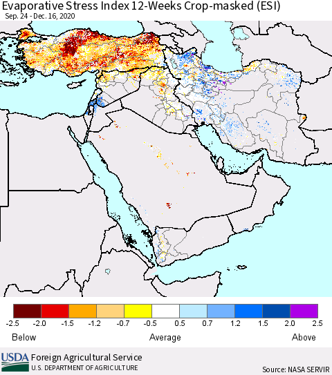 Middle East and Turkey Evaporative Stress Index (ESI), 12-Weeks over Croplands Thematic Map For 12/14/2020 - 12/20/2020
