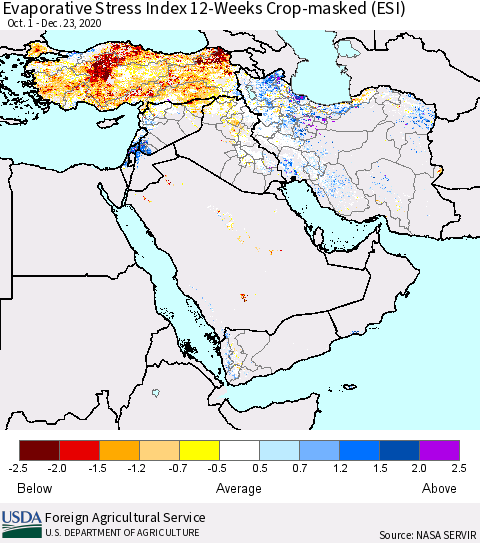 Middle East and Turkey Evaporative Stress Index (ESI), 12-Weeks over Croplands Thematic Map For 12/21/2020 - 12/27/2020