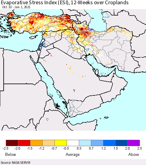 Middle East and Turkey Evaporative Stress Index (ESI), 12-Weeks over Croplands Thematic Map For 12/28/2020 - 1/3/2021