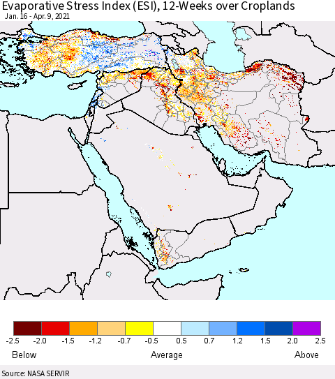 Middle East and Turkey Evaporative Stress Index (ESI), 12-Weeks over Croplands Thematic Map For 4/5/2021 - 4/11/2021