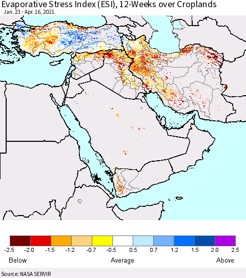Middle East and Turkey Evaporative Stress Index (ESI), 12-Weeks over Croplands Thematic Map For 4/12/2021 - 4/18/2021