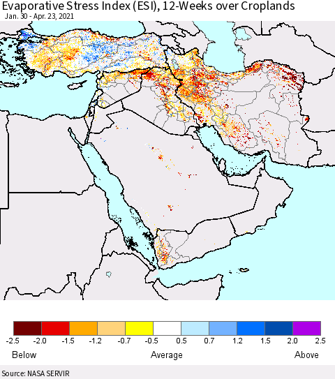 Middle East and Turkey Evaporative Stress Index (ESI), 12-Weeks over Croplands Thematic Map For 4/19/2021 - 4/25/2021