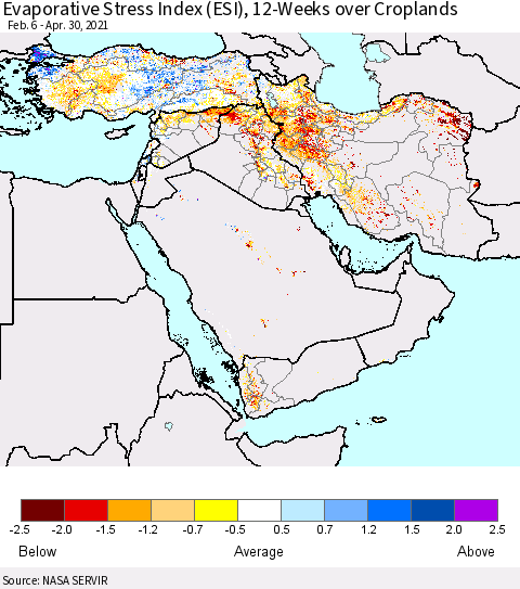 Middle East and Turkey Evaporative Stress Index (ESI), 12-Weeks over Croplands Thematic Map For 4/26/2021 - 5/2/2021