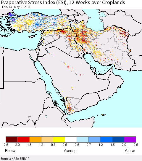 Middle East and Turkey Evaporative Stress Index (ESI), 12-Weeks over Croplands Thematic Map For 5/3/2021 - 5/9/2021