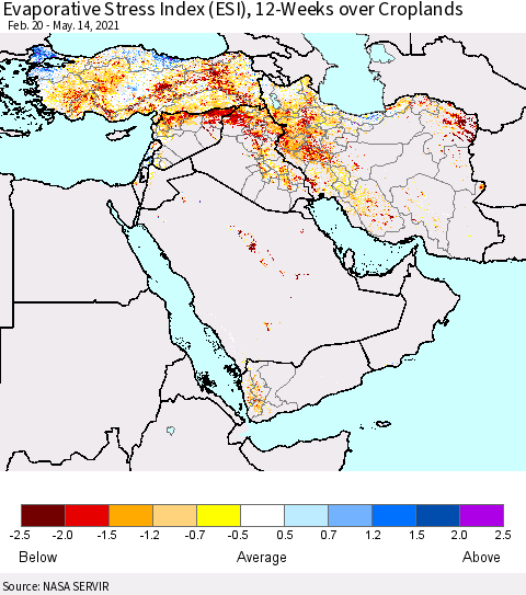 Middle East and Turkey Evaporative Stress Index (ESI), 12-Weeks over Croplands Thematic Map For 5/10/2021 - 5/16/2021