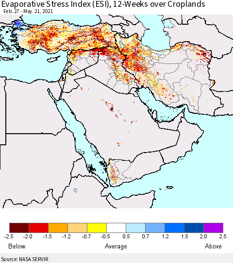 Middle East and Turkey Evaporative Stress Index (ESI), 12-Weeks over Croplands Thematic Map For 5/17/2021 - 5/23/2021
