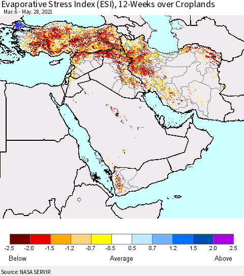 Middle East and Turkey Evaporative Stress Index (ESI), 12-Weeks over Croplands Thematic Map For 5/24/2021 - 5/30/2021