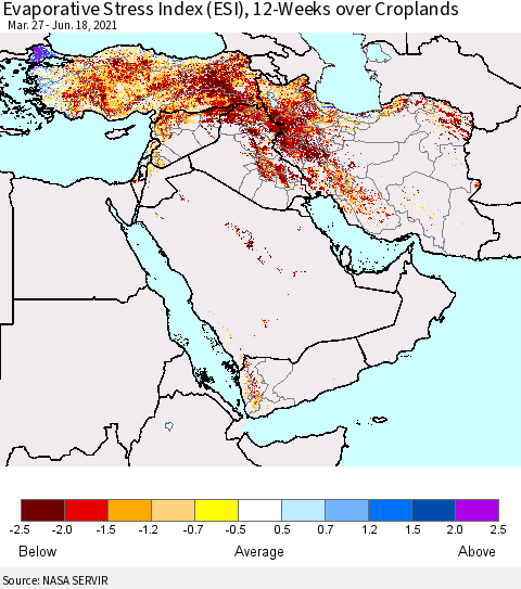Middle East and Turkey Evaporative Stress Index (ESI), 12-Weeks over Croplands Thematic Map For 6/14/2021 - 6/20/2021